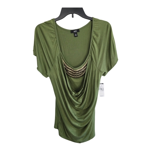 AGB Blouse Women XL Green Gold Beaded Water Fall Short Sleeve Strecty New - Picture 1 of 15